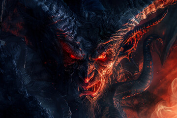 Fototapeta premium Scary sinister devil is in hell with dramatic fire lighting
