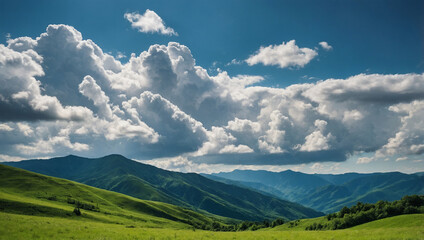 Lush green mountains under a bright blue sky with fluffy white clouds, creating a serene and open landscape.