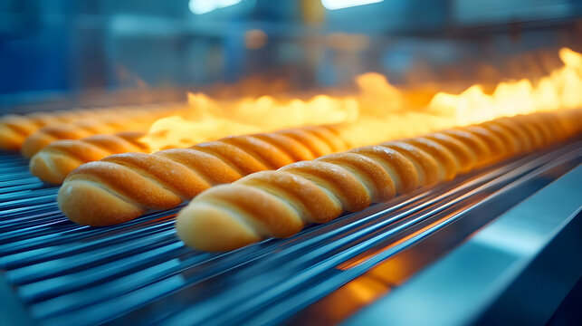 Golden baked bread rolls cooking on a conveyor belt with flames in a bakery.