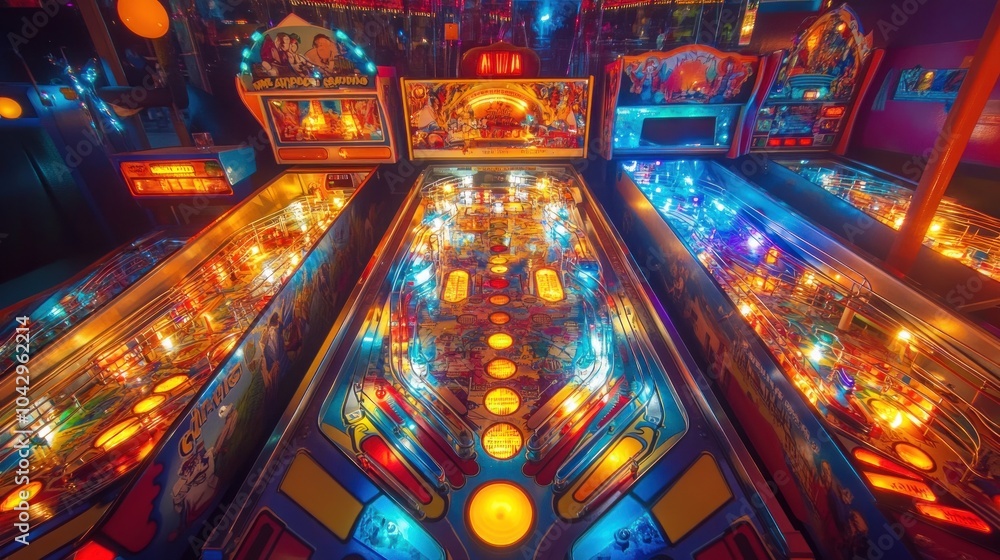 Poster a row of classic pinball machines in an arcade with colorful lights and flashing bulbs.