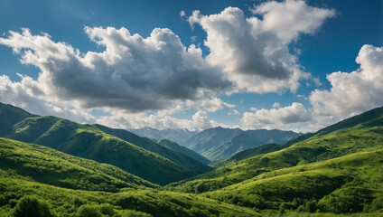 Lush green mountains under a bright blue sky with fluffy white clouds, creating a serene and open landscape.