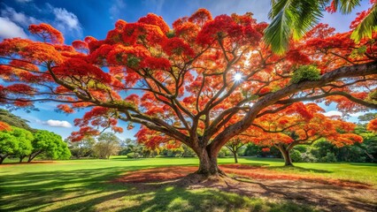 Naklejka premium A Majestic Tree Stands Tall, Casting Long Shadows Across a Vibrant Green Lawn, Its Branches Laden with Vivid Crimson Blooms, Bathed in the Warm Glow of a Sunlit Sky