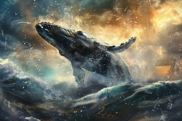 Naklejka premium Fantastically beautiful majestic huge whale in ocean