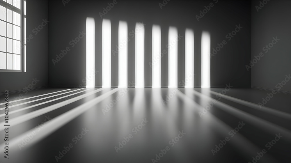 Poster minimalist interior design with light beams creating shadows on smooth floor.