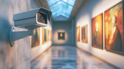 Surveillance camera monitoring an art gallery, highlighting security in cultural spaces.