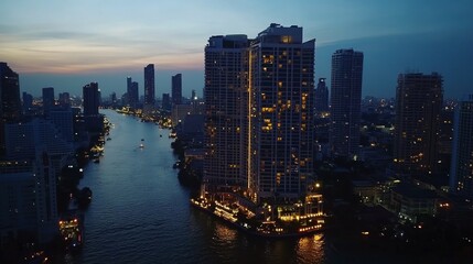 Obraz premium An aerial view of a city skyline at dusk with a river flowing through it. The buildings are illuminated by the setting sun and the city lights.