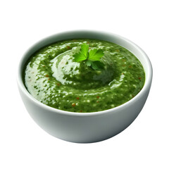 Green chutney in a white bowl isolated on transparent background