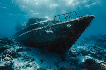 Fototapeta premium Underwater view of an sunken ship on seabed with fish swimming around