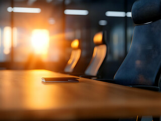Obraz premium Modern office space with a wooden table, chairs, and a smartphone, illuminated by warm sunset light.