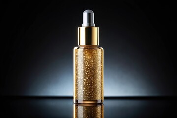 Luxurious serum cosmetic in gold bottle on black background