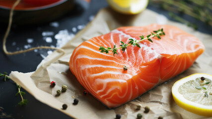 Fresh Raw Salmon Steak Resting on Parchment Paper With Herbs and Lemon for Meal Preparation