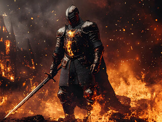 A fierce knight in flaming armor stands valiantly in a fiery landscape, symbolizing strength and resilience amidst chaos.