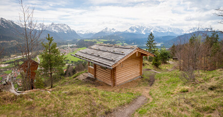 wooden shelter at lookout point Krepelschrofen summit, Wallgau landscape upper bavaria