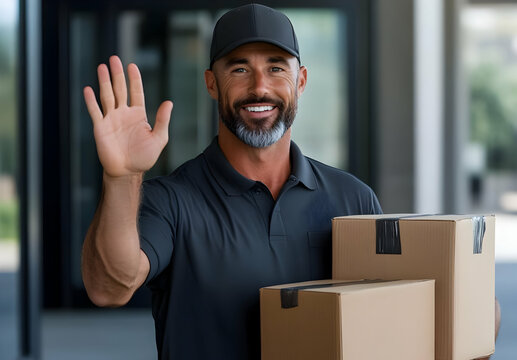 Smiling delivery person waving while holding cardboard boxes, dressed in casual attire.
