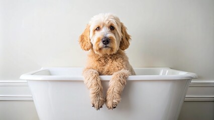 Luxurious white bathtub with a light goldendoodle inside