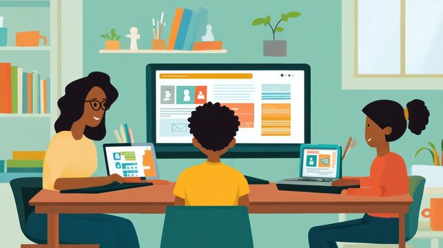 Remote Education for Homeschooling Parents, focusing on diverse parents (Asian, African-American) guiding their children through online learning in creative, interactive settings