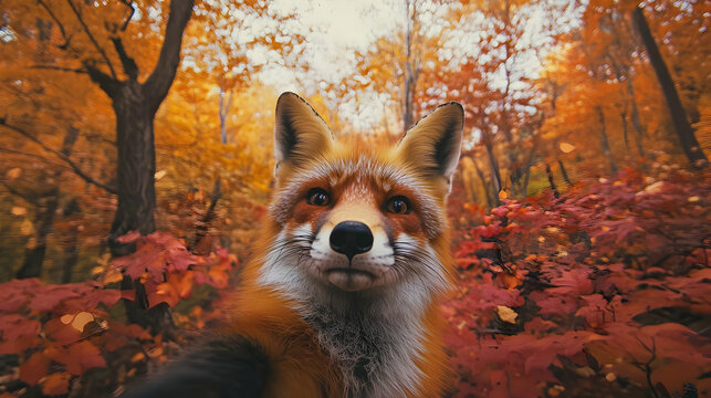 A curious fox with vibrant fur stands in a colorful autumn forest, surrounded by golden leaves and warm sunlight.