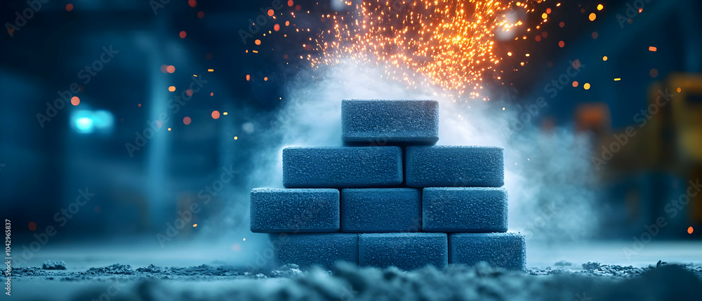 Poster stack of bricks with sparks and dust, showcasing industrial processing in action, isolated on a blur