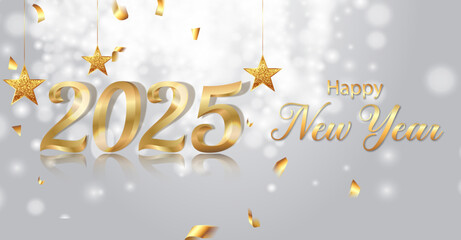 Happy new year celebration banner design with golden numbers and  white abstract background , Happy New Year India.
