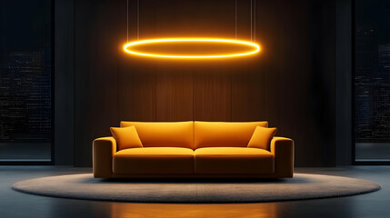 Stylish orange sofa with a modern halo light in a contemporary interior design setting at night.