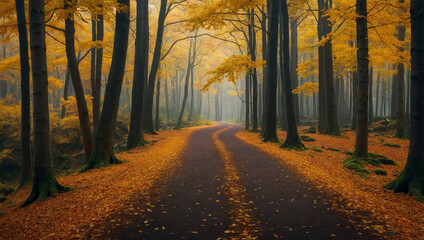 Fototapeta premium Vibrant forest in autumn with golden leaves covering the trees and a winding path leading through the scene.
