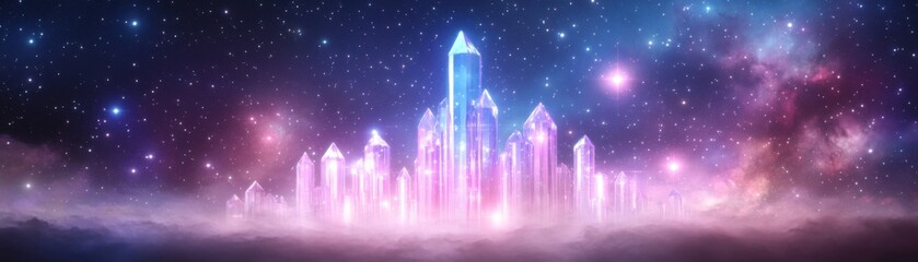 A vibrant and ethereal crystal city illuminated by cosmic colors, floating serenely in a starlit galaxy.