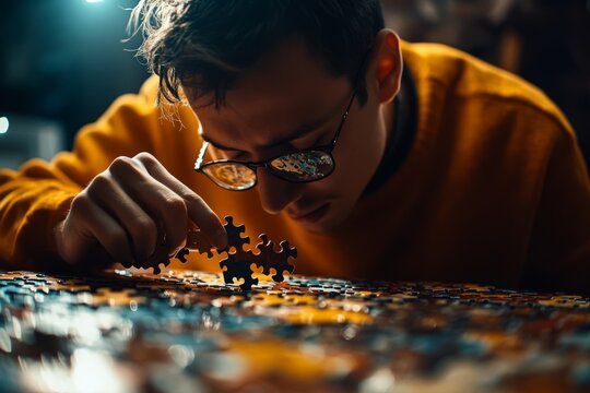 A person concentrating on solving a complex puzzle
