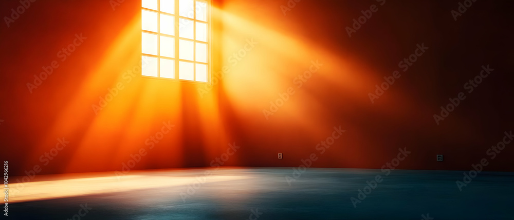 Poster Sunlight streaming through a window, illuminating an empty room with warm, golden tones and creating a serene atmosphere.