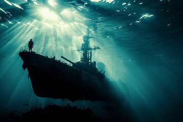 Obraz premium Beautiful large submarine floating in middle of ocean during mission