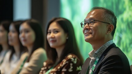 Obraz premium A diverse audience of professionals engaging in a discussion on global deforestation trends, guided by an Asian expert promoting sustainability.