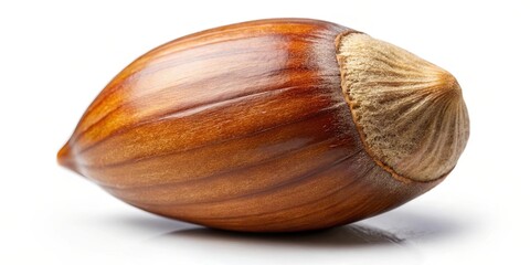 A single, plump hazelnut with a smooth, brown shell and a textured cap, resting against a pure white backdrop, ready to be cracked open and enjoyed.