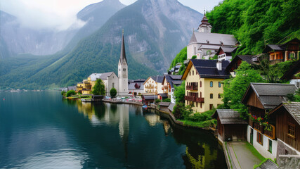 Fototapeta premium Breathtaking View of Hallstatt, Austria With Charming Houses and Serene Lake Reflections
