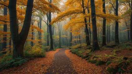 Vibrant forest in autumn with golden leaves covering the trees and a winding path leading through the scene.