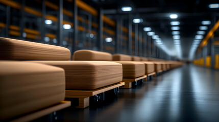 Fototapeta premium Wooden pallets stacked in a modern warehouse, showcasing organized storage and industrial efficiency.