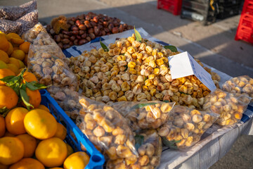 Local farmer’s market with October seasonal fruits and vegetables in Croatia. Dried figs