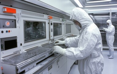 Scientist in clean room working with equipment, sterile environment, focused activity.