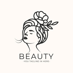 Woman face line art beauty logo illustration. One Line style woman drawing