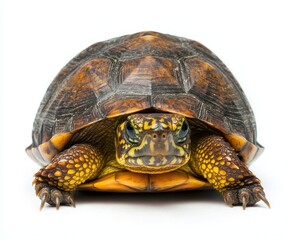 Fototapeta premium Turtle with vibrant shell colors, white isolated background.