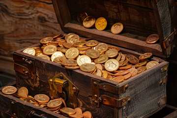 Fantastic treasure from pirate wooden chest with antique gold coins