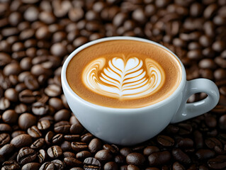 A beautifully crafted latte in a white cup, surrounded by roasted coffee beans, showcasing latte art.