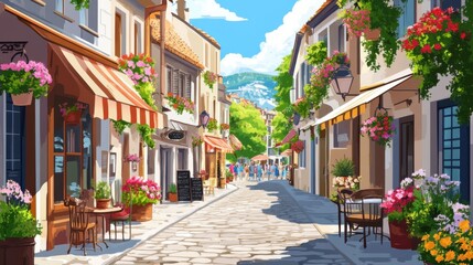 Fototapeta premium Charming animated street scene with colorful flowers, shops, and sunny sky. Perfect for travel and leisure