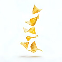 Fototapeta premium Floating crispy potato chips isolated on white.