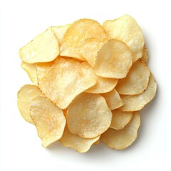 Pile of crispy salted potato chips on white background.