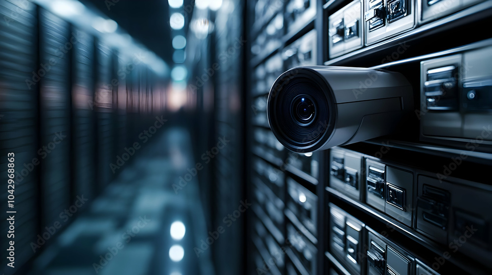 Poster surveillance camera monitoring data storage server in a modern data center.