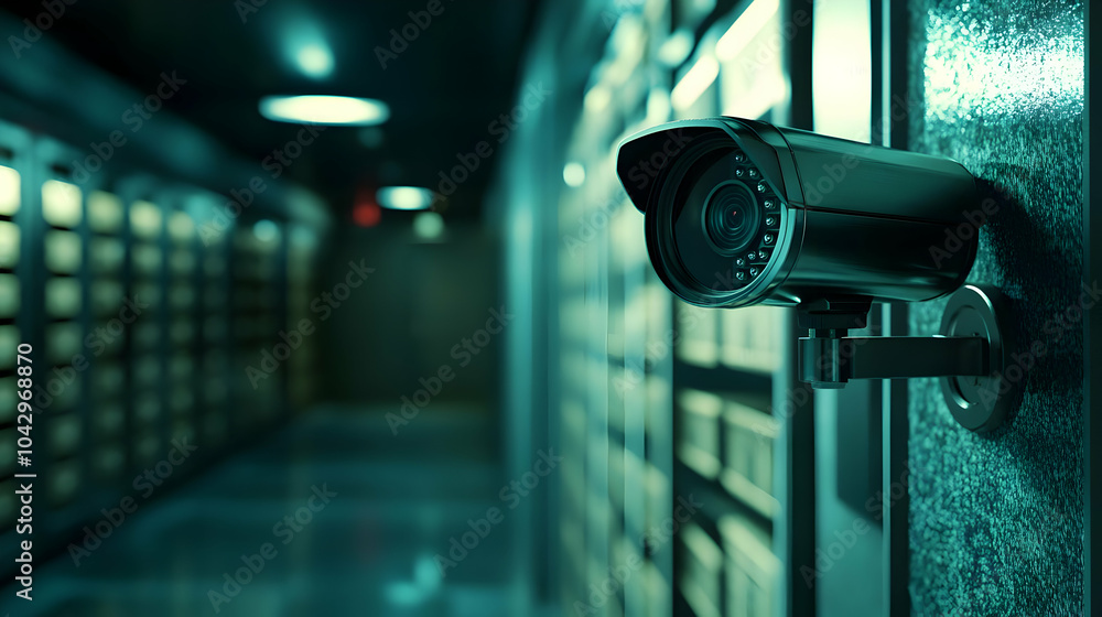 Poster surveillance camera installed in a secure corridor, emphasizing safety and monitoring technology.