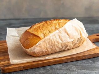 Reusable beeswax wrap covering fresh bread on a rustic wooden board, natural textures and materials, Eco Food Storage, Zero Waste Kitchen