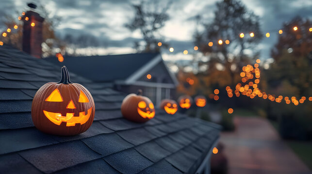 Festive Halloween pumpkins glowing on a rooftop with string lights in the background, creating a warm autumn atmosphere.