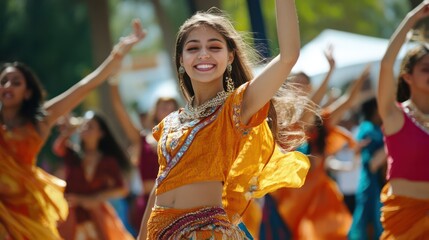 A diverse group of dancers performing at a cultural festival, celebrating different cultural...