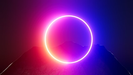 3d illustration Neon ring in the mountains at night