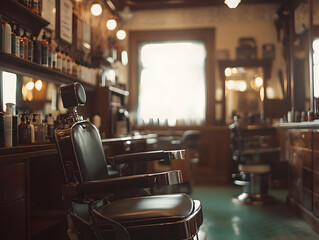 A vintage barber shop interior featuring a classic barber chair and shelves filled with grooming products.